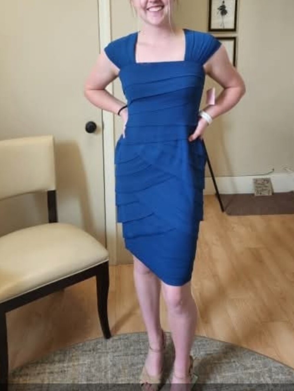 Size 4 Blue Cap Sleeve Tiered Textured Sheath Adrianna Papell Cocktail Dress